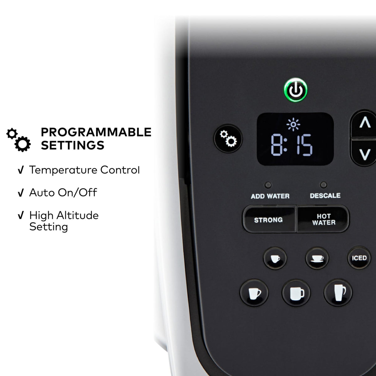 Keurig K-Elite 75-ounce removable reservoir for multiple cups.