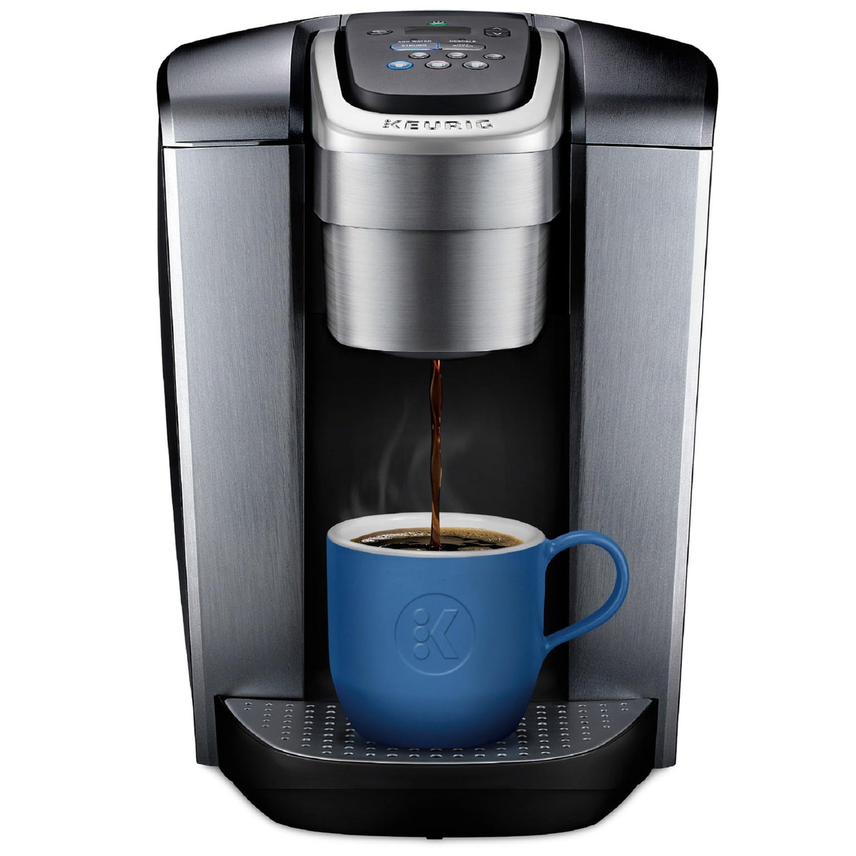 Keurig K-Elite brushed silver front view highlights premium design.