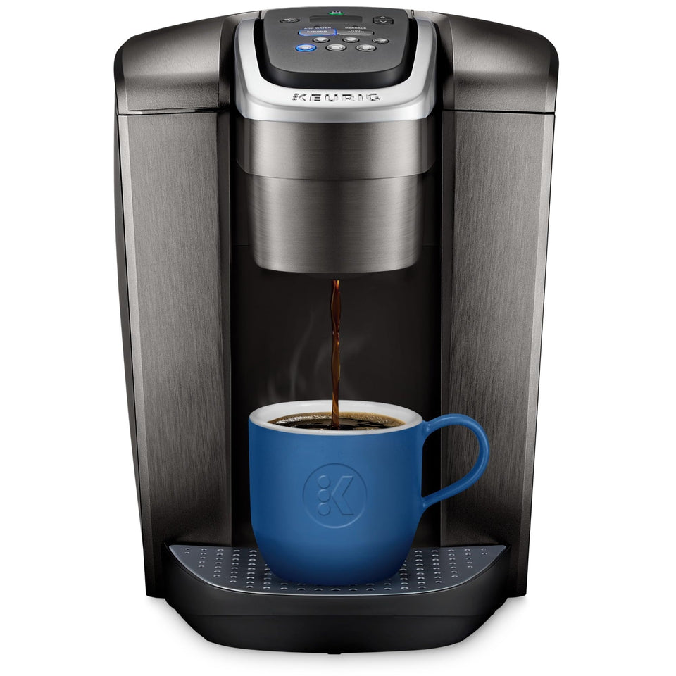 Keurig K-Elite brushed slate front view shows premium design and compact counter appeal.