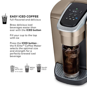 Keurig K-Elite iced coffee setting brews hot over ice for full flavor.