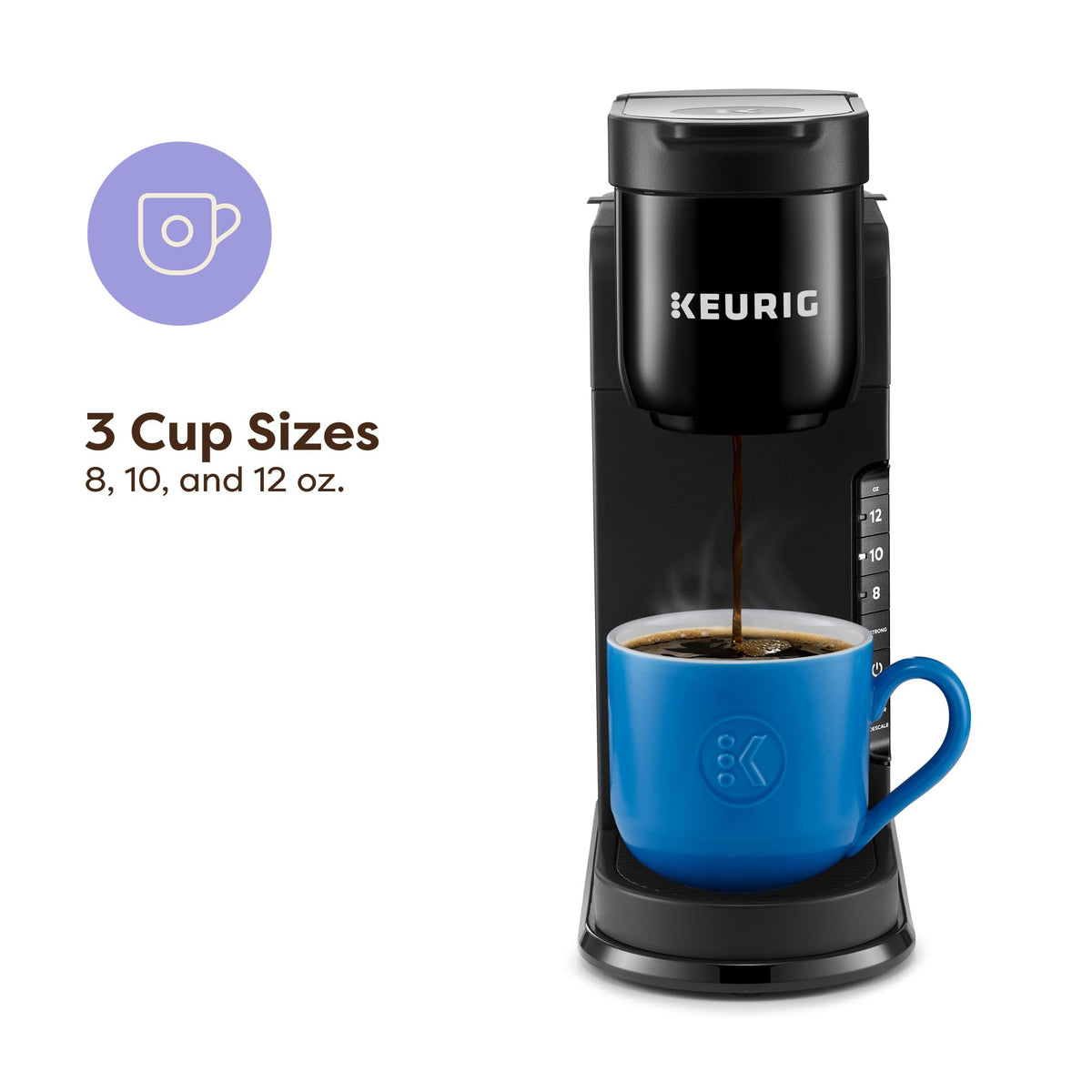 Keurig K-Express 3 cup sizes showing 8 10 12 oz for customization