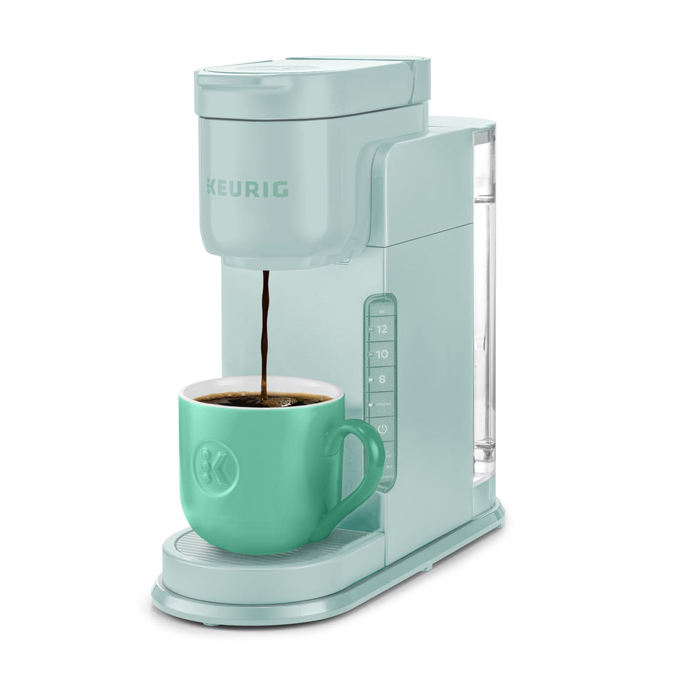 Keurig K-Express coffee maker front view in mint finish, compact kitchen-friendly design.