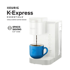 Keurig K-Express Essentials brew button demonstrates quick one-step coffee.