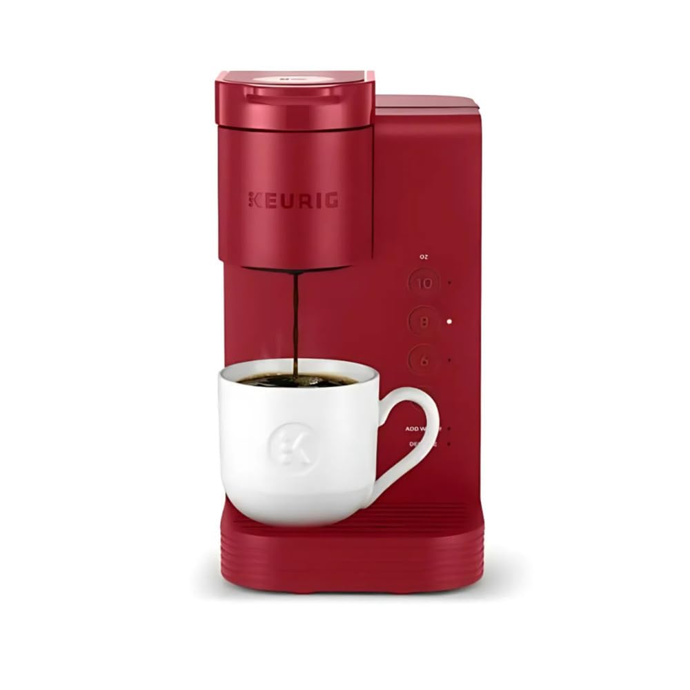 Keurig K-Express Essentials front view highlights compact red design for quick single-serve coffee.