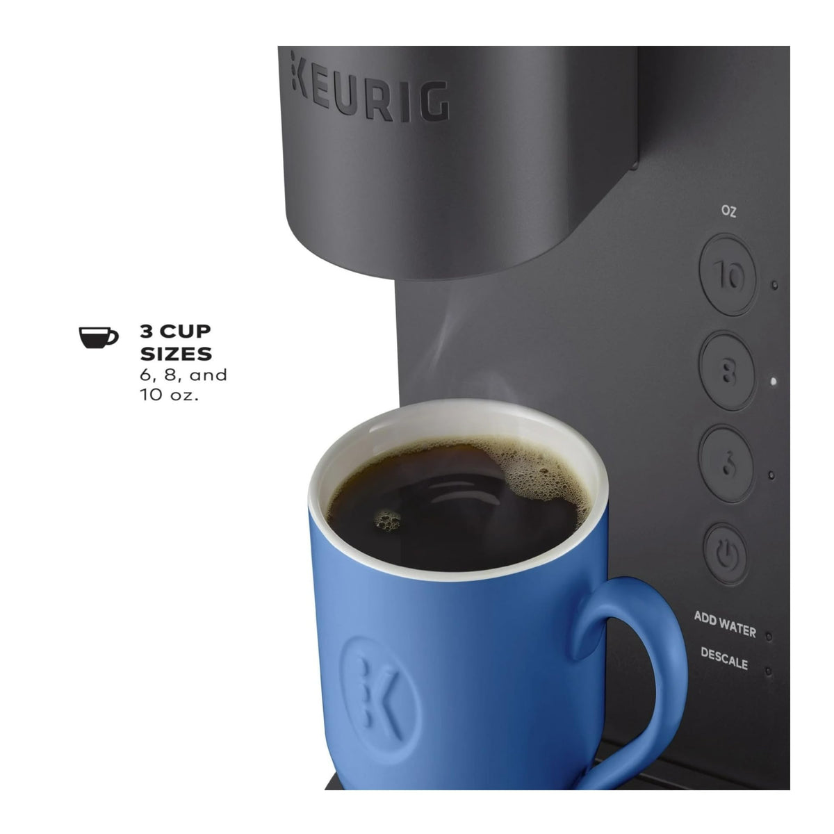Control panel of Keurig K-Express Essentials Matte Gray enables quick one-touch brewing.