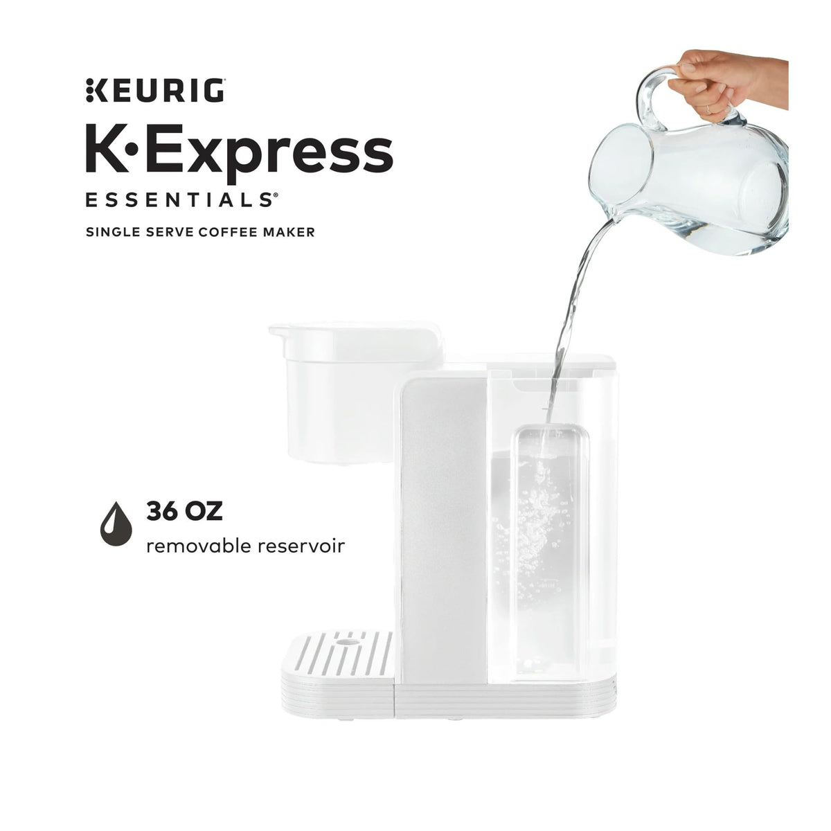 Keurig K-Express Essentials 36oz reservoir for multiple cups without refilling.