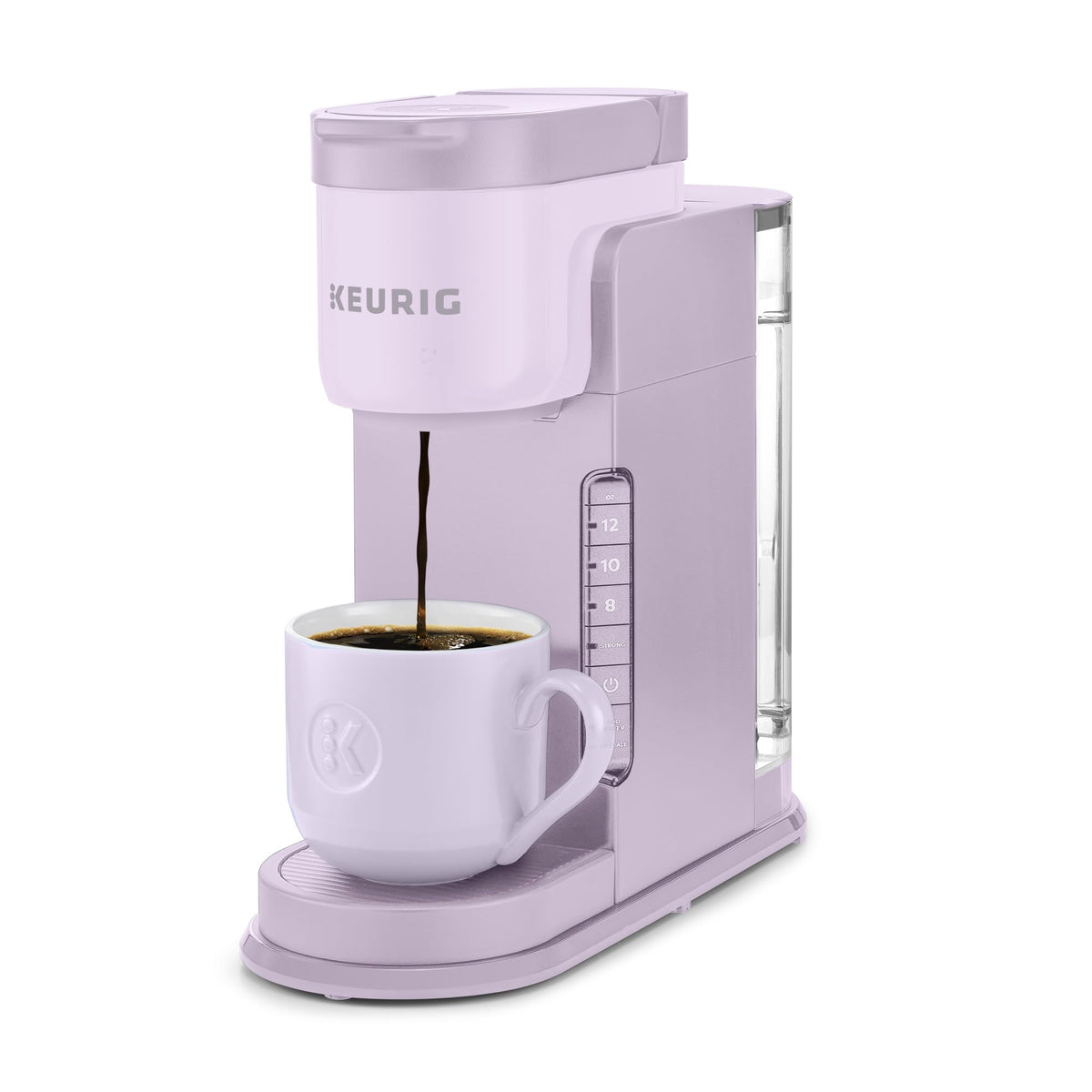 Keurig K-Express front view showing compact lavender brewer design and space-saving footprint.