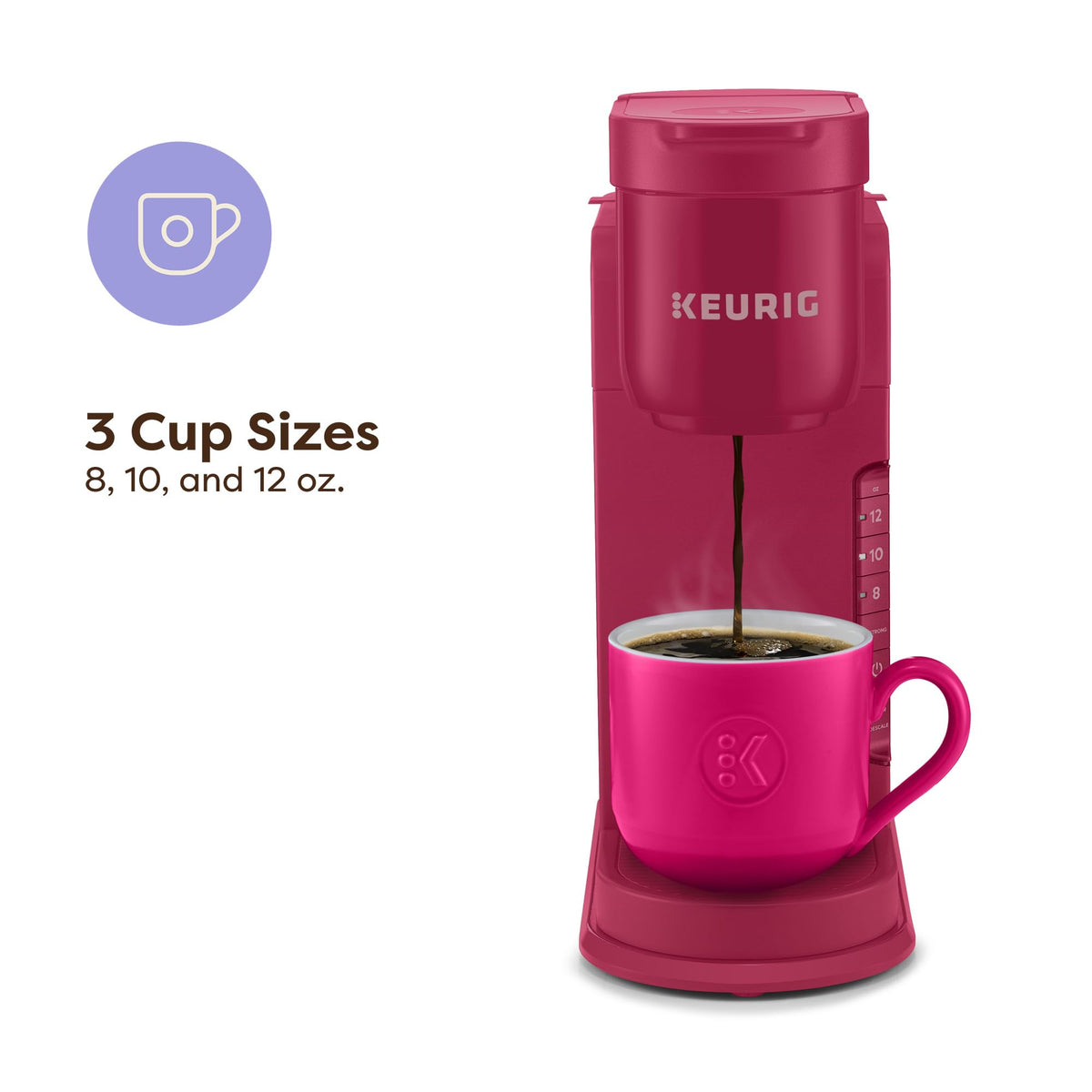 Keurig K-Express three-size brewing shows 8, 10, and 12 oz options.