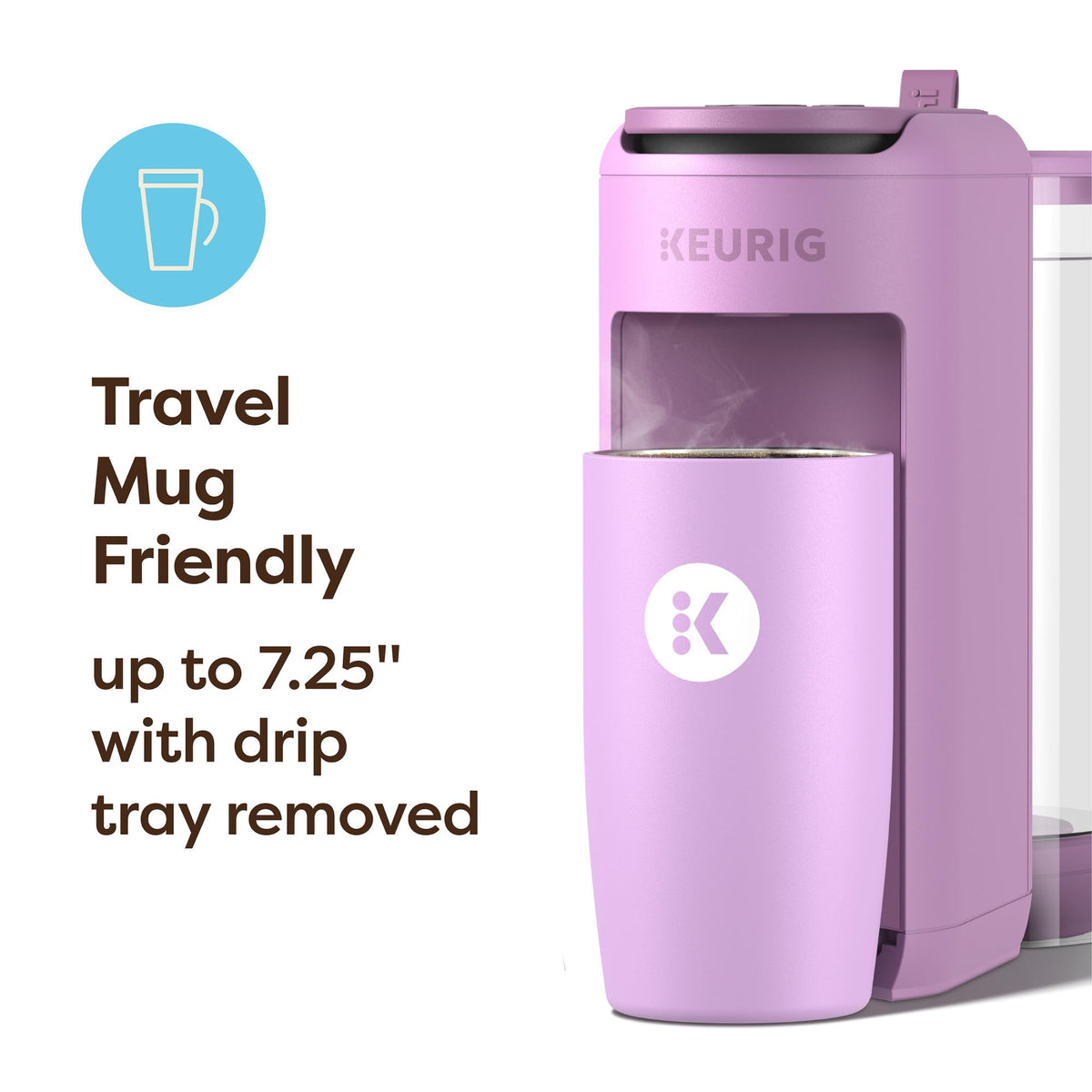 Keurig K-Mini Mate Plus offers 8, 10, and 12 oz cup sizes.