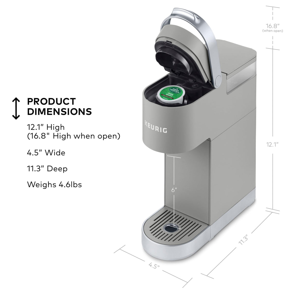 Keurig K-Mini Plus travel mug friendly with a tall mug capacity.