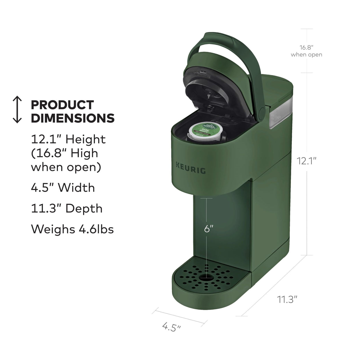 Keurig K-Mini travel mug-friendly drip tray accommodates tall cups.