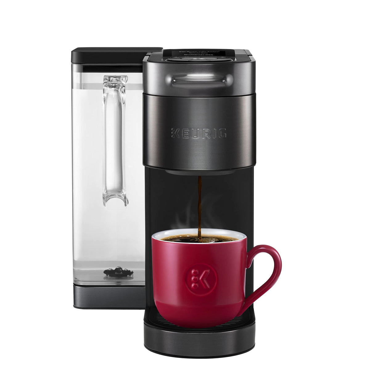 Keurig K-Supreme Plus SMART brewer front view, sleek black stainless finish.