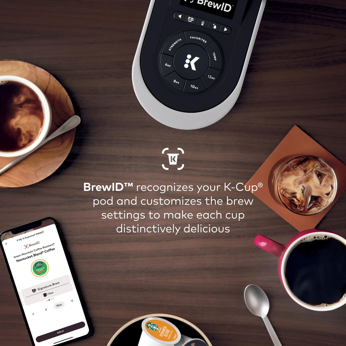 Keurig K-Supreme SMART iced coffee feature illustrates hot brew over ice