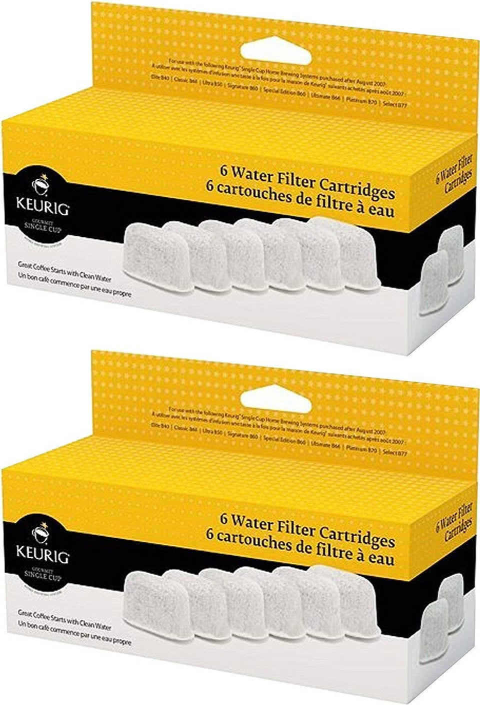 Keurig six water filter cartridge being placed into reservoir for improved beverage flavor.