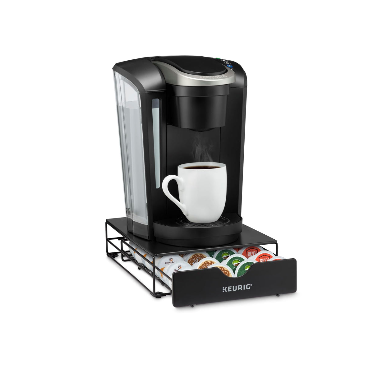 Compact design fits neatly under any Keurig machine.