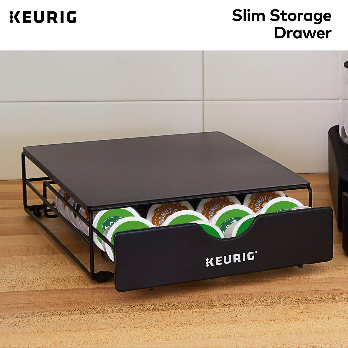 Sleek black finish complements most Keurig setups.