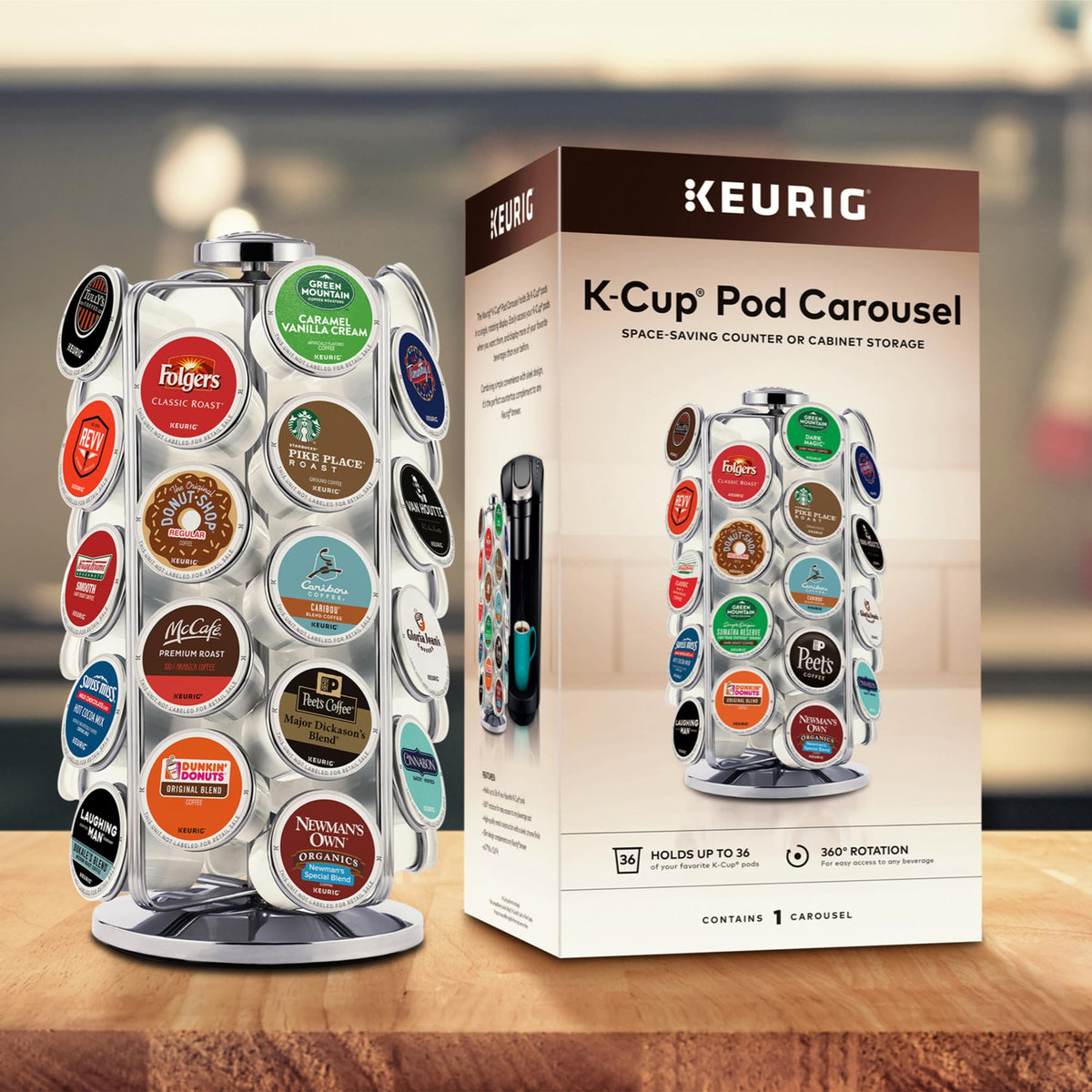 Chrome-finished Keurig storage carousel adds a sleek look
