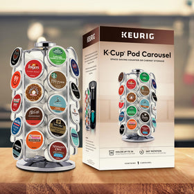 Chrome-finished Keurig storage carousel adds a sleek look