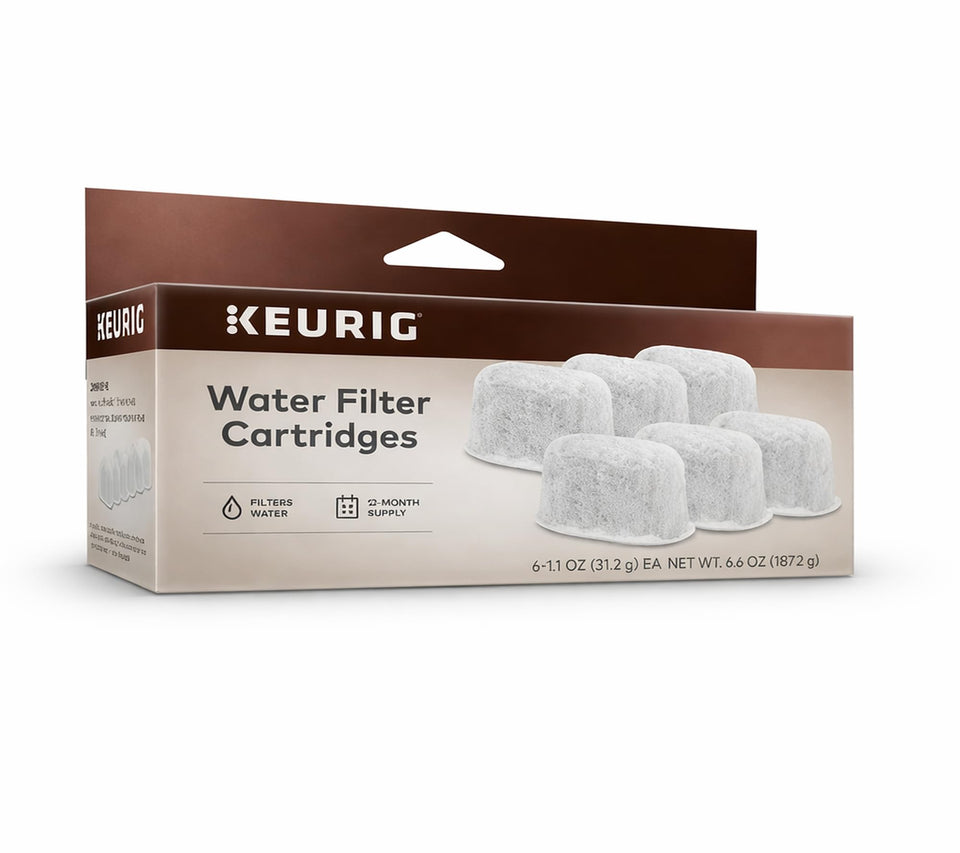 Keurig water filter cartridges in a 6-pack ready for more consistent beverage taste.