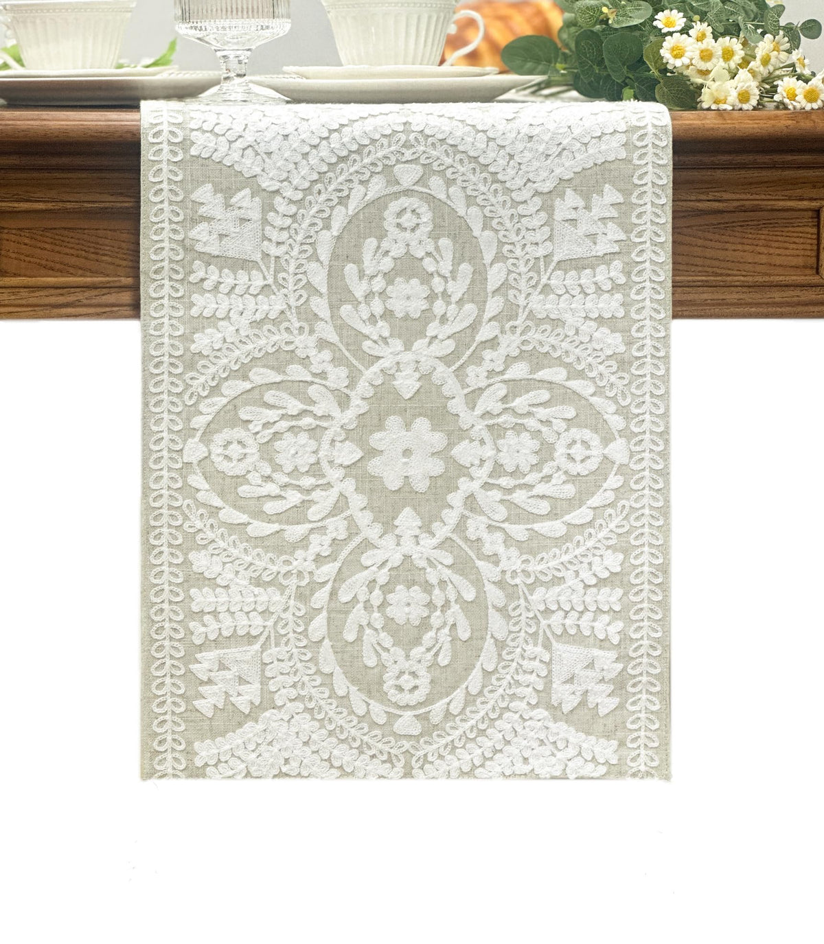 KEVA boho table runner embroidered pattern for rustic dining ambiance