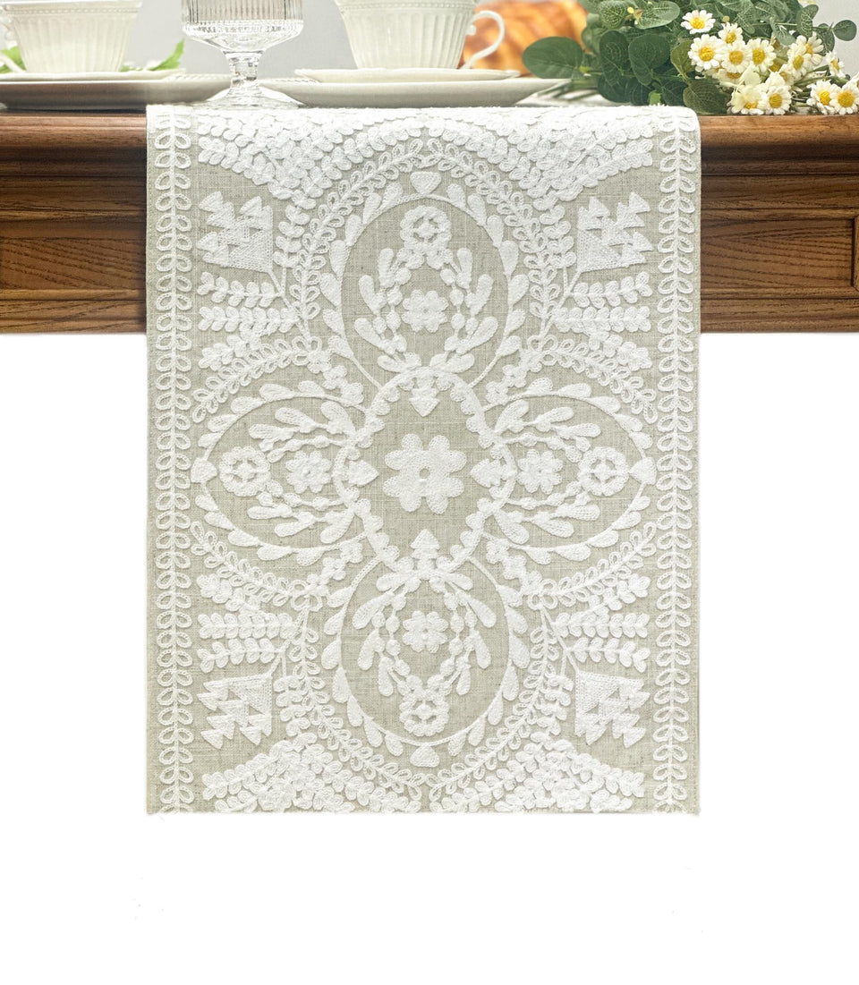 KEVA boho table runner embroidered pattern for rustic dining ambiance