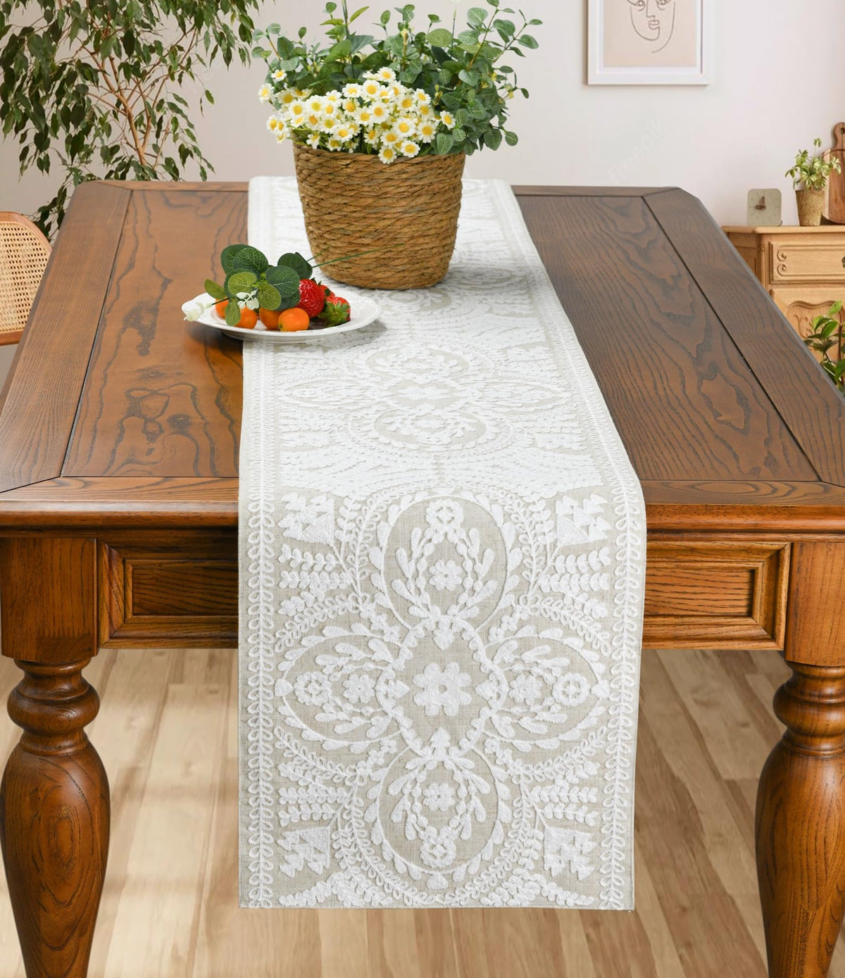 KEVA farmhouse table setup with neutral tones and vintage charm