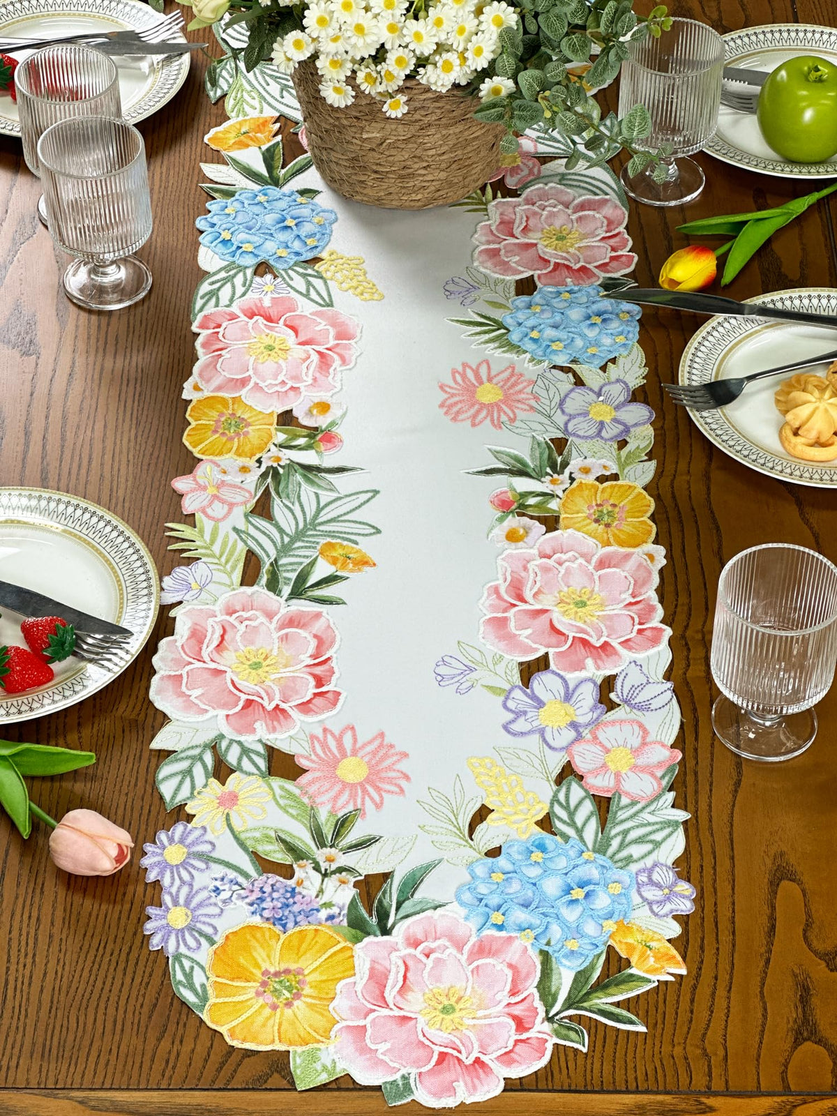 KEVA floral spring table runner digital print flowers adds centerpiece flair