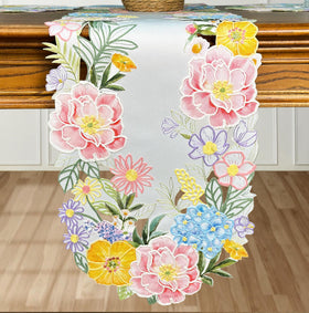 KEVA floral spring table runner embroidery detail highlights colorful threadwork