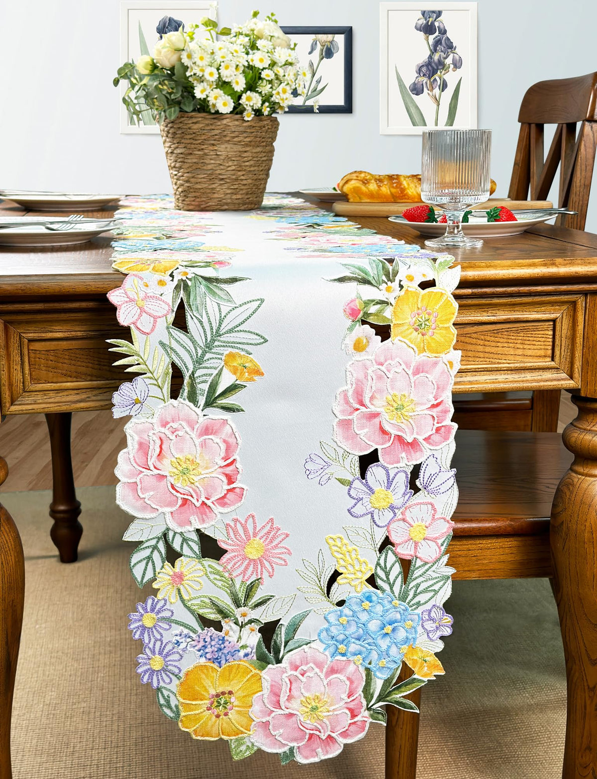 KEVA floral spring table runner textured linen base for elegant table setting