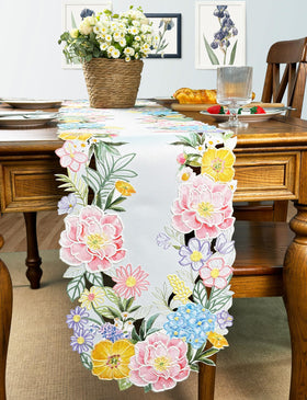 KEVA floral spring table runner textured linen base for elegant table setting