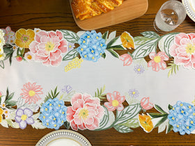 KEVA floral spring table runner vibrant thread work on white base