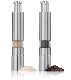 Keweis salt and pepper grinder set with push-button top for easy one-handed grinding.