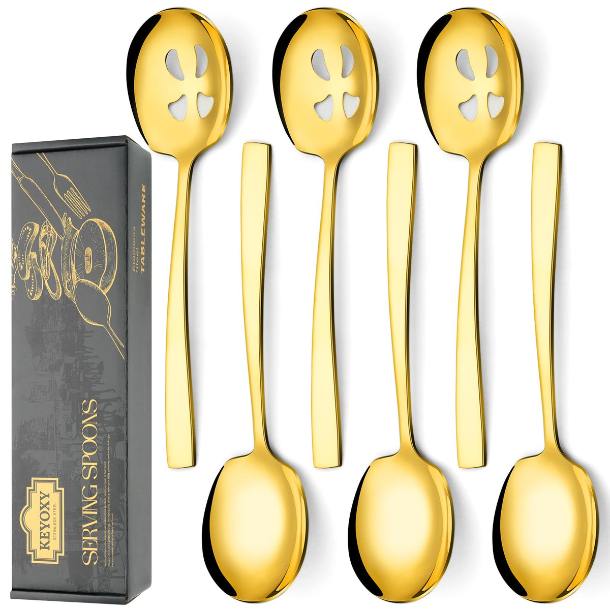 Keyoxy 6pc serving spoons set with large-slotted design for easy portioning at gatherings.