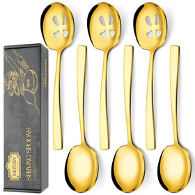 Keyoxy 6pc serving spoons set with large-slotted design for easy portioning at gatherings.