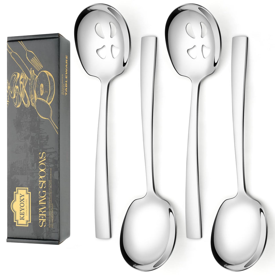 Keyoxy two large serving spoons in stainless steel for easy portions.