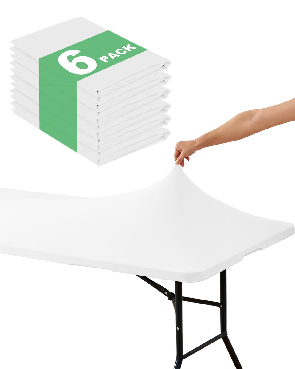 KeyWave fitted tablecloth 6-pack packaging showing durable, reusable covers for events
