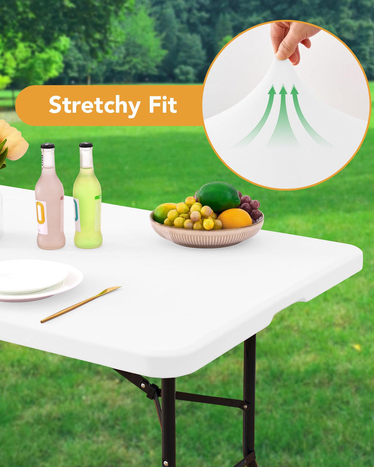 KeyWave fitted tablecloth on a 72 inch table demonstrating a snug, professional look