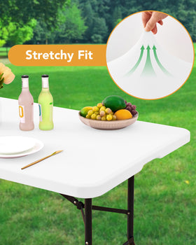 KeyWave fitted tablecloth on a 72 inch table demonstrating a snug, professional look