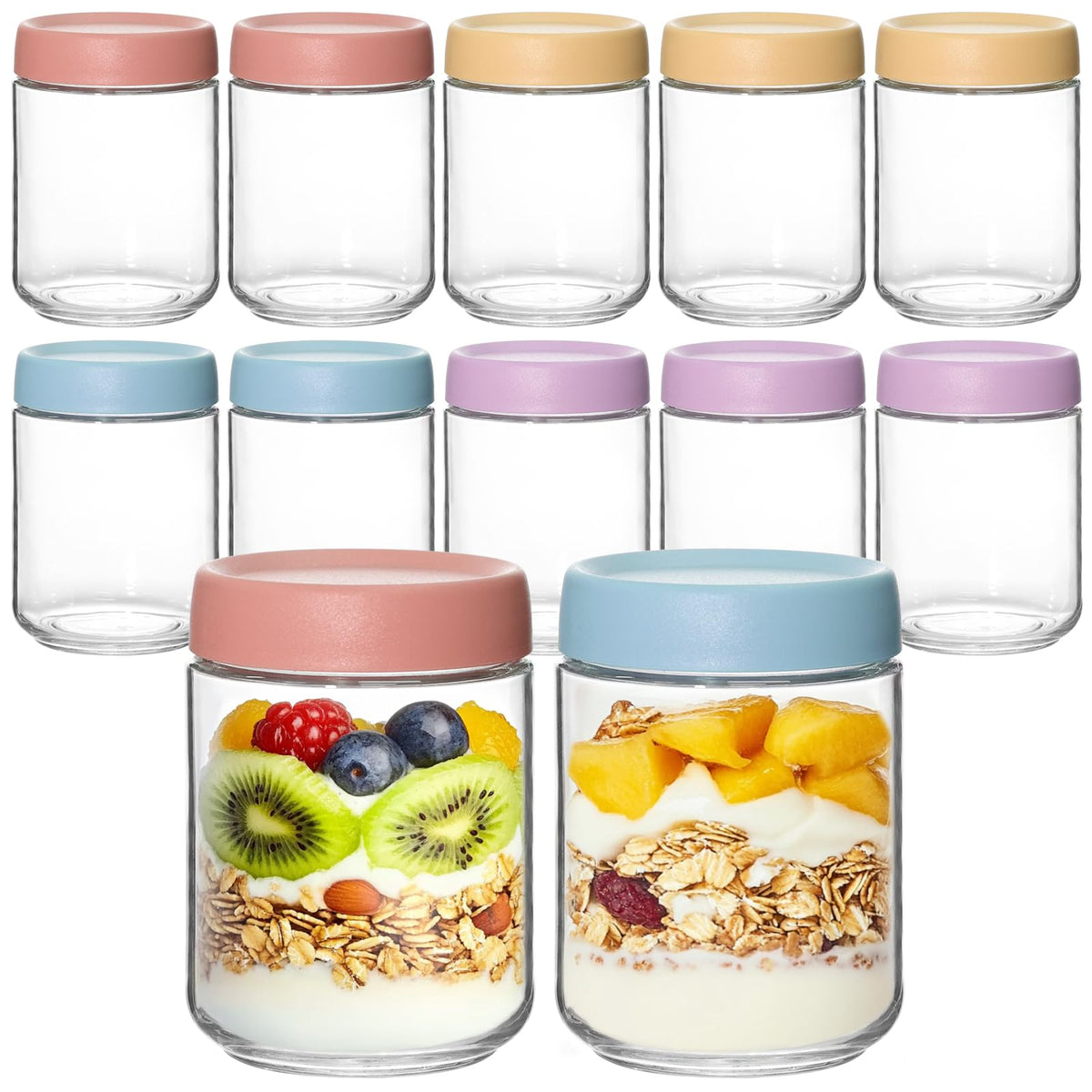 KEYWING 12-pack Overnight Oats Containers with clear glass for easy meal prep.