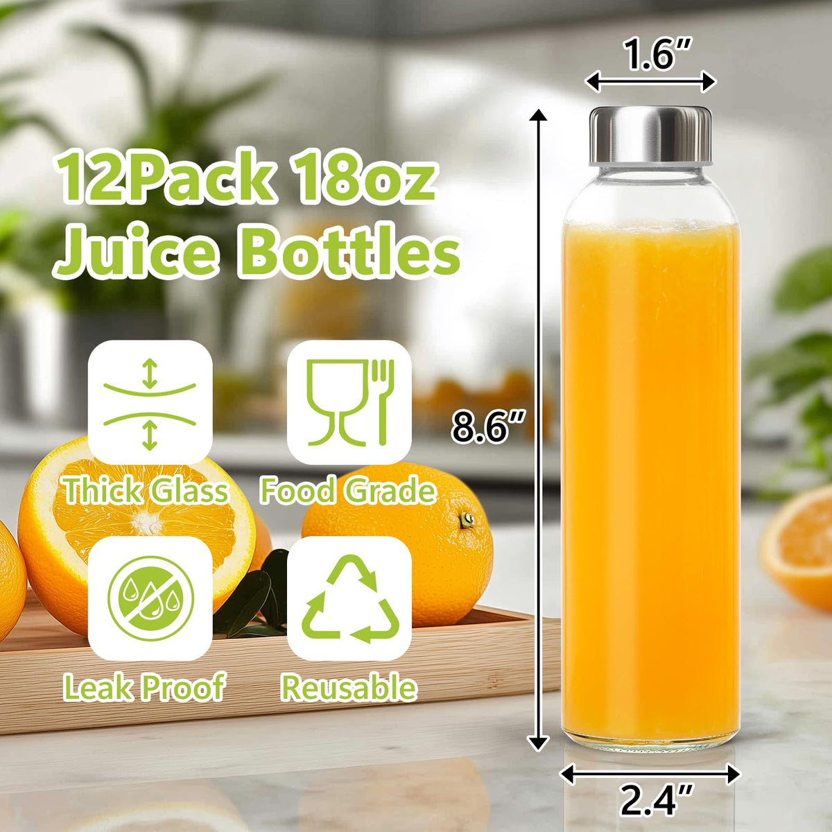 KEYWING 12pack glass bottle with lid close-up highlights airtight seal for spill-free storage.
