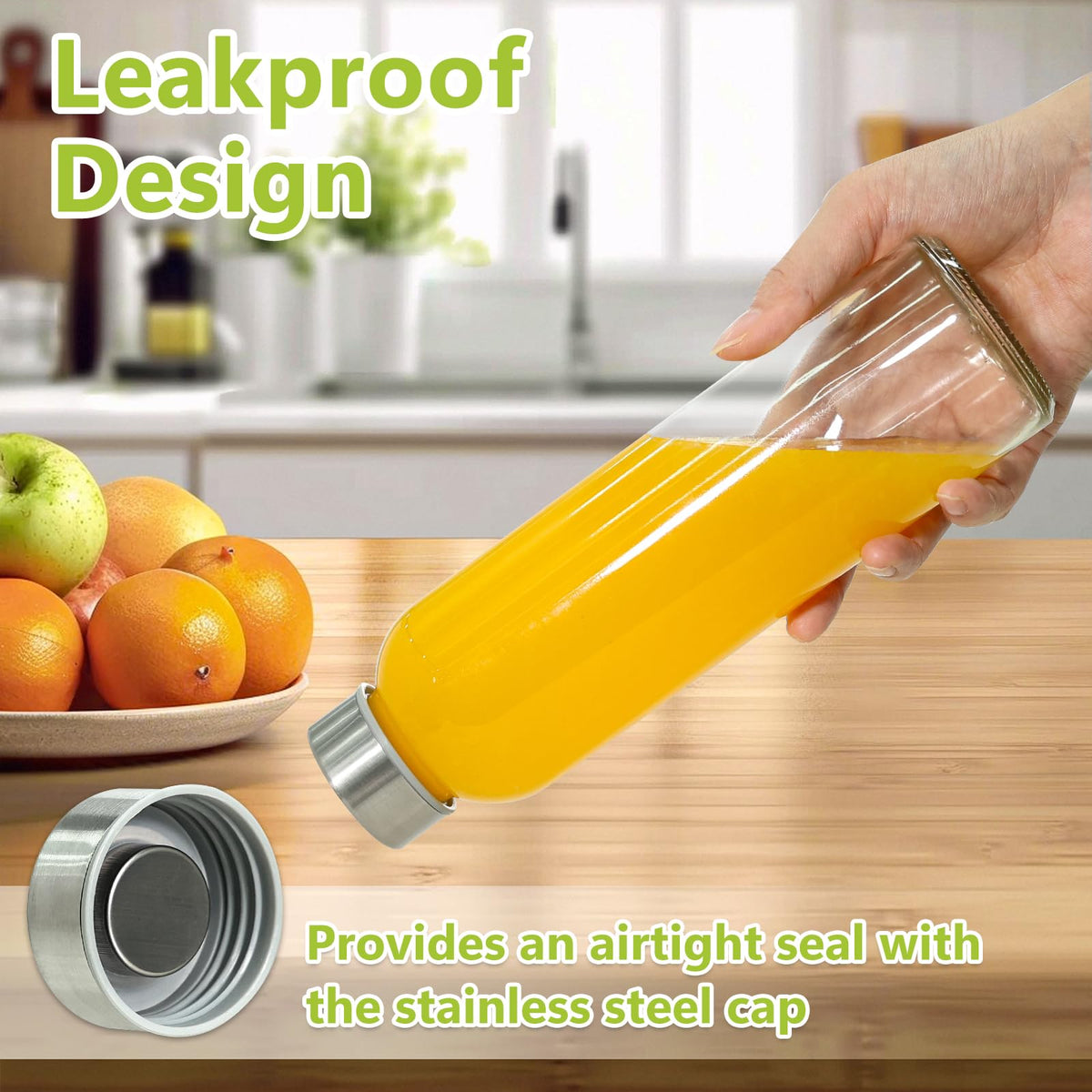KEYWING 18oz glass bottle with stainless cap preserves beverage freshness during transport.