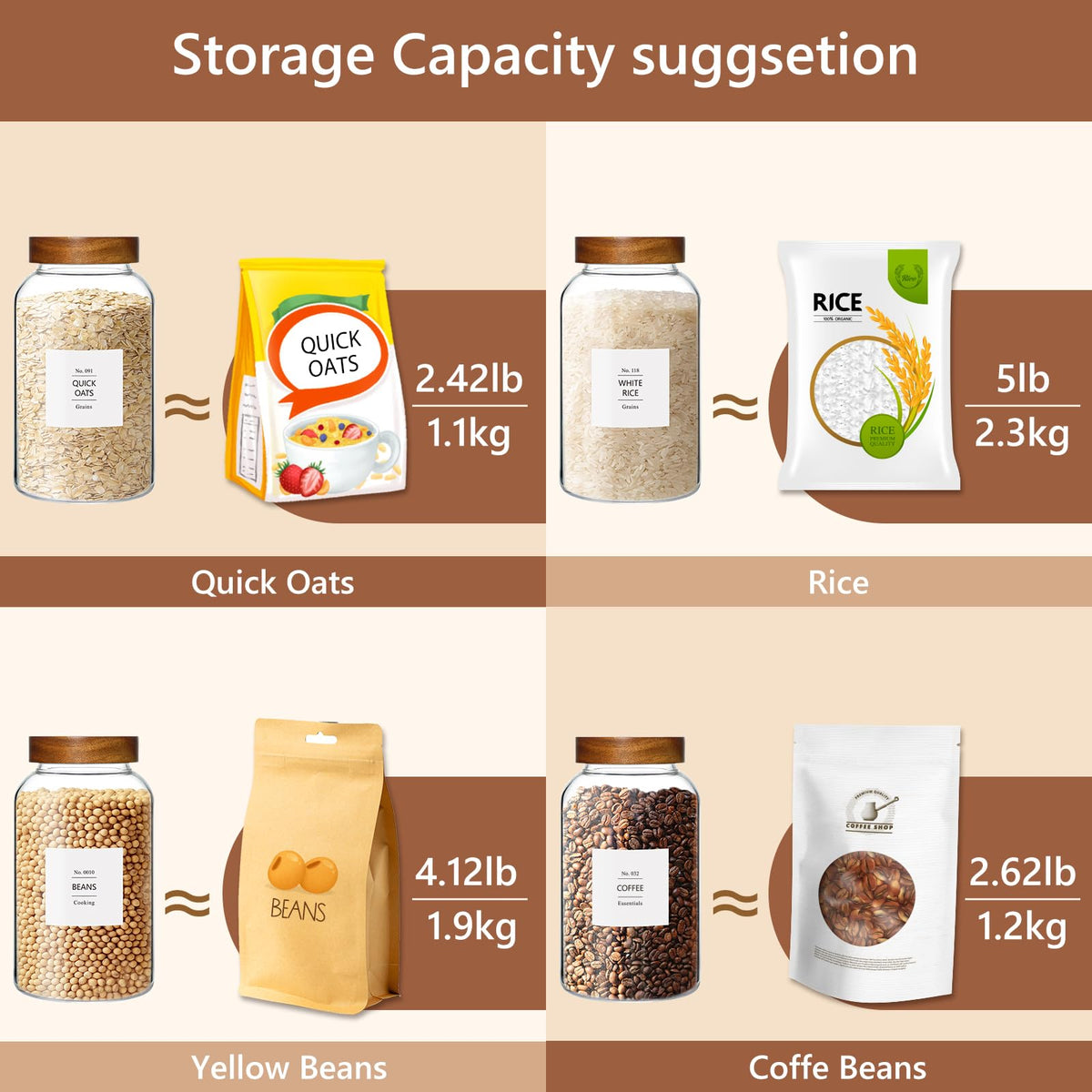 Storage options for flour, sugar, rice, pasta, and cereals in the kitchen.