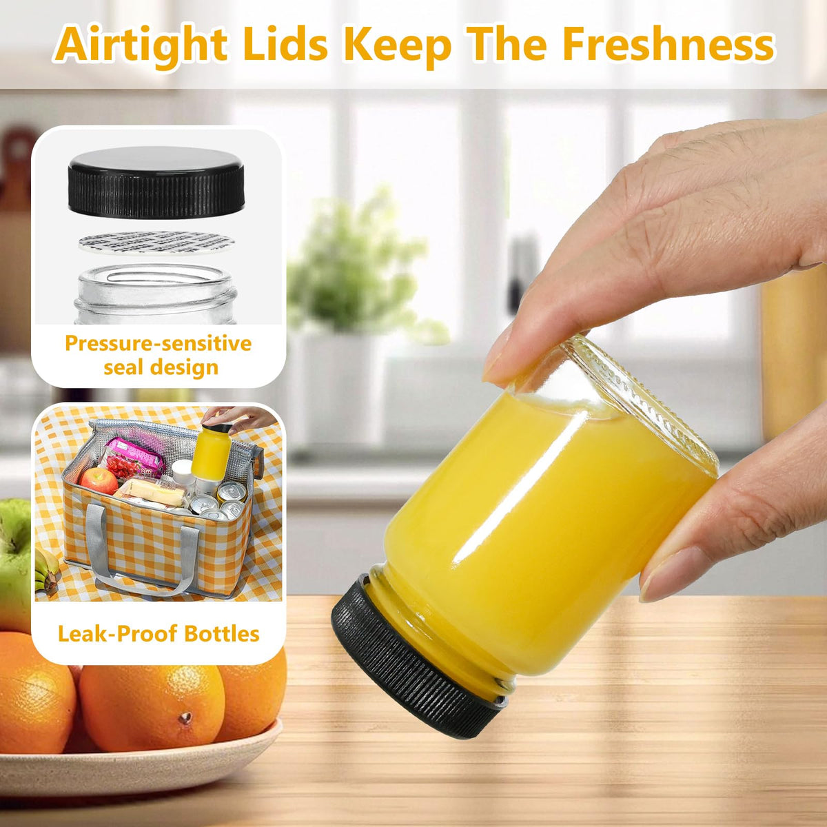 KeyWING wide-mouth glass bottle with easy filling for juices and shots.