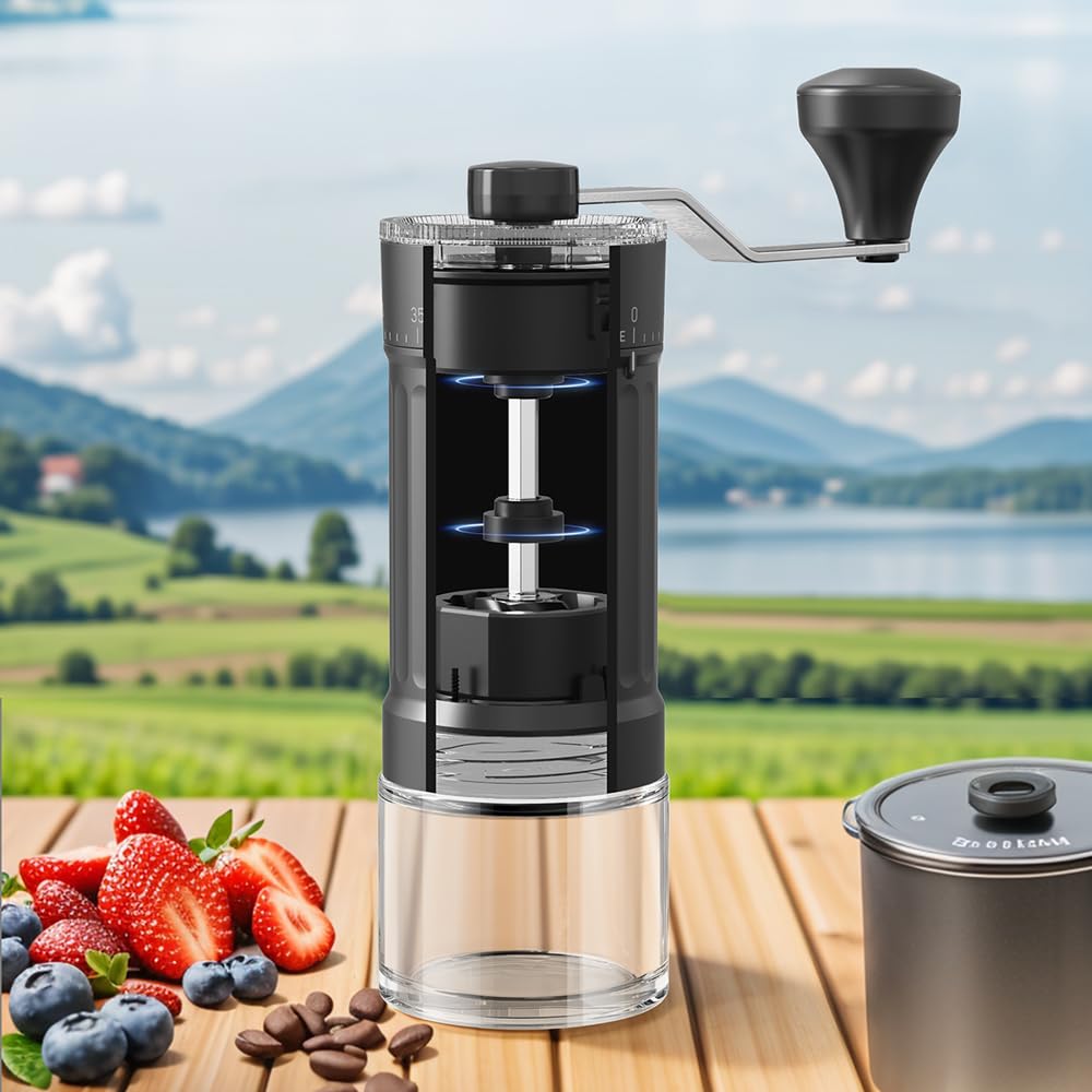 KharWette glass bean container lets you watch the grind and reduces static.