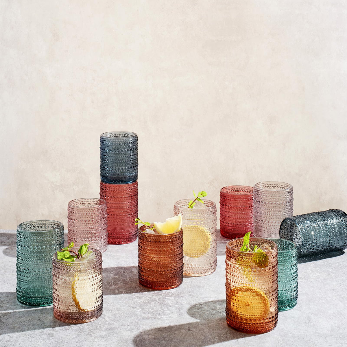 Khen Hobnail lowball embossed glass ideal for spirits and juice