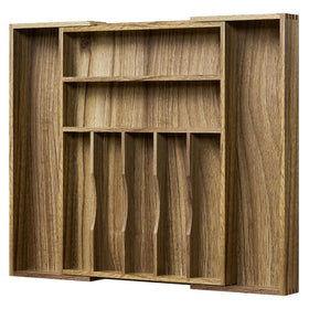 Kiasthome Acacia wood expandable drawer organizer showing extended length for utensils.