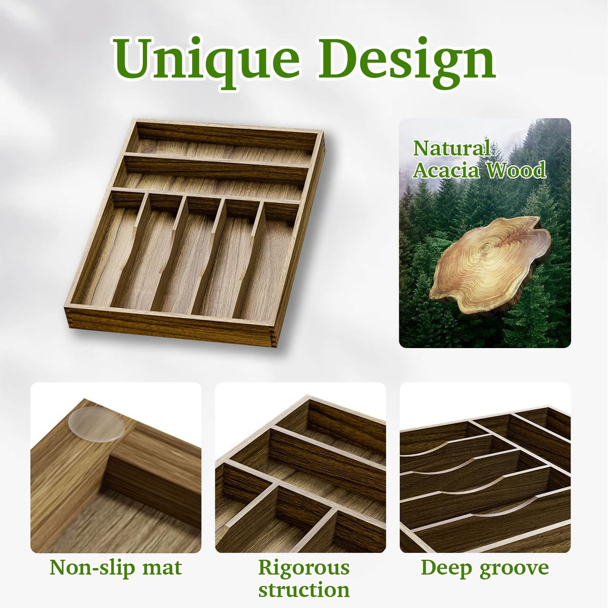 Kiasthome acacia wood natural finish drawer organizer in a modern kitchen