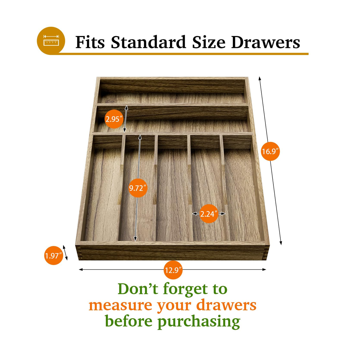 Kiasthome acacia wood organizer in a drawer showing anti slip bottom for stability