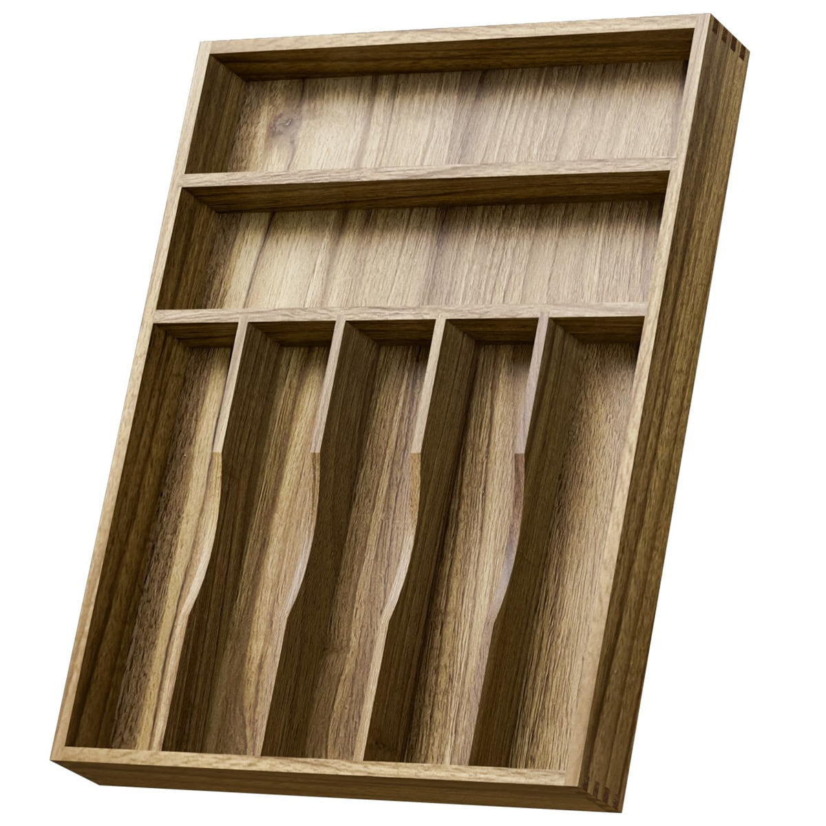 Kiasthome acacia wood silverware drawer organizer with grooved dividers for easy utensil separation