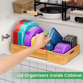 Kiasthome bamboo lid organizer in a cabinet keeping lids neatly organized